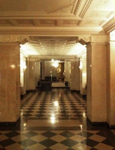 Lobby looking to rear elevator bank